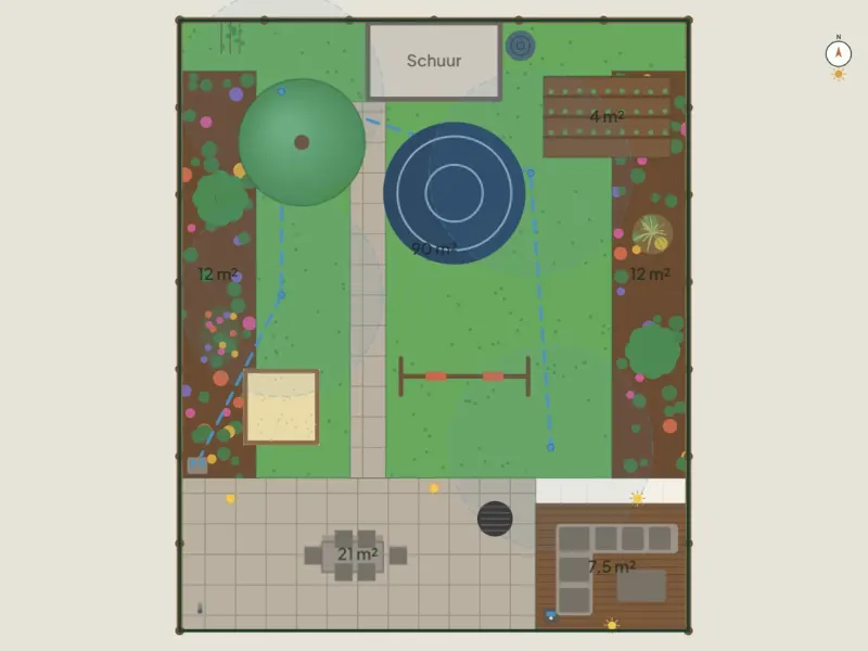 Plattegrond van een tuinontwerp met terras, gazon, borders, een schuur en een trampoline
