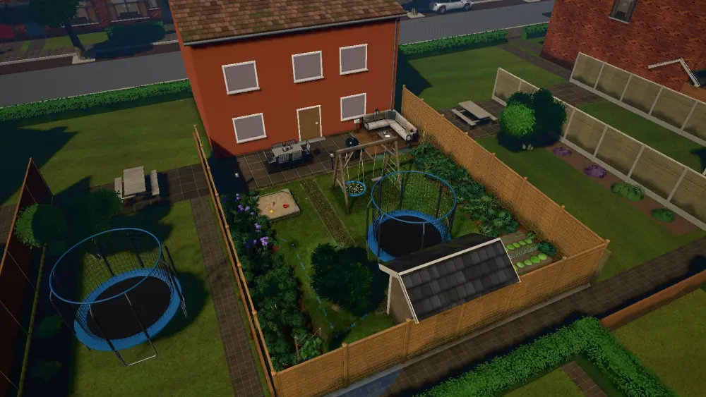 Een tuinontwerp in 3D, van schuin boven gezien, met huis, schutting en speeltoestellen