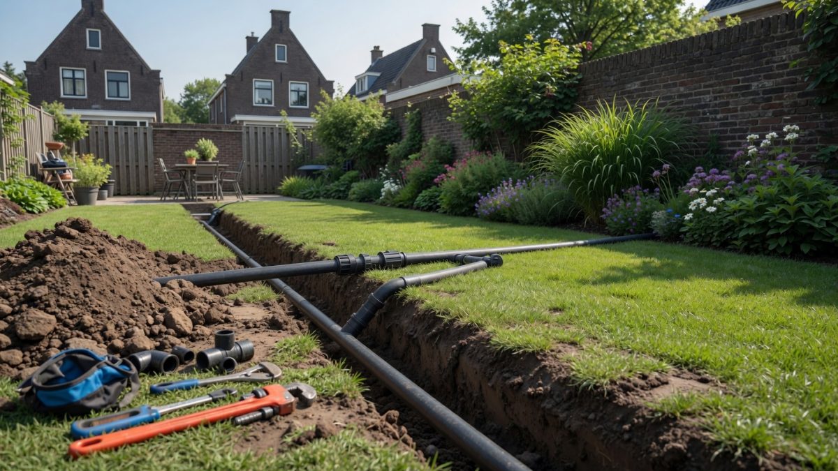 Hovenier van SJ Buitenleven legt leidingwerk aan voor een beregeningssysteem