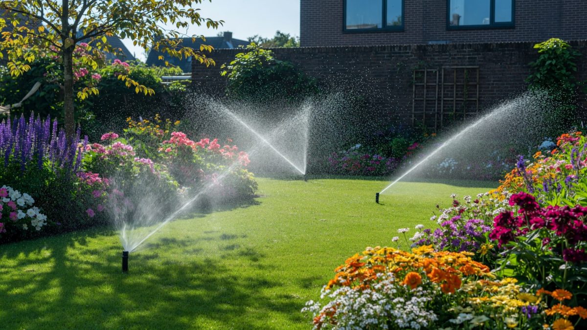 Automatisch beregeningssysteem besproeit een gazon in de tuin