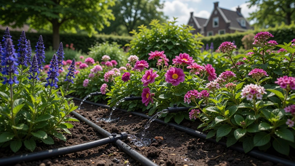 Druppelbevloeiingsslang tussen planten in een border