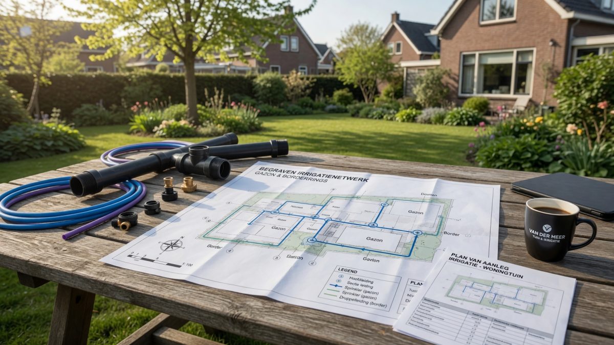 Schets van het leidingnetwerk voor een beregeningssysteem in de tuin