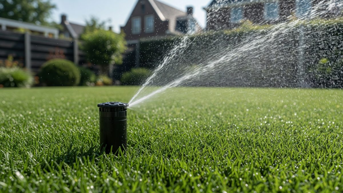 Pop-up sprinkler komt omhoog uit het gazon tijdens het besproeien