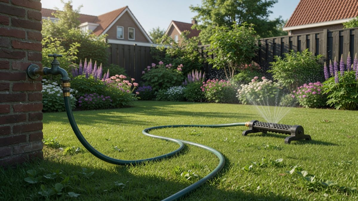 Tuinslang met sproeikop aangesloten op een buitenkraan in de tuin