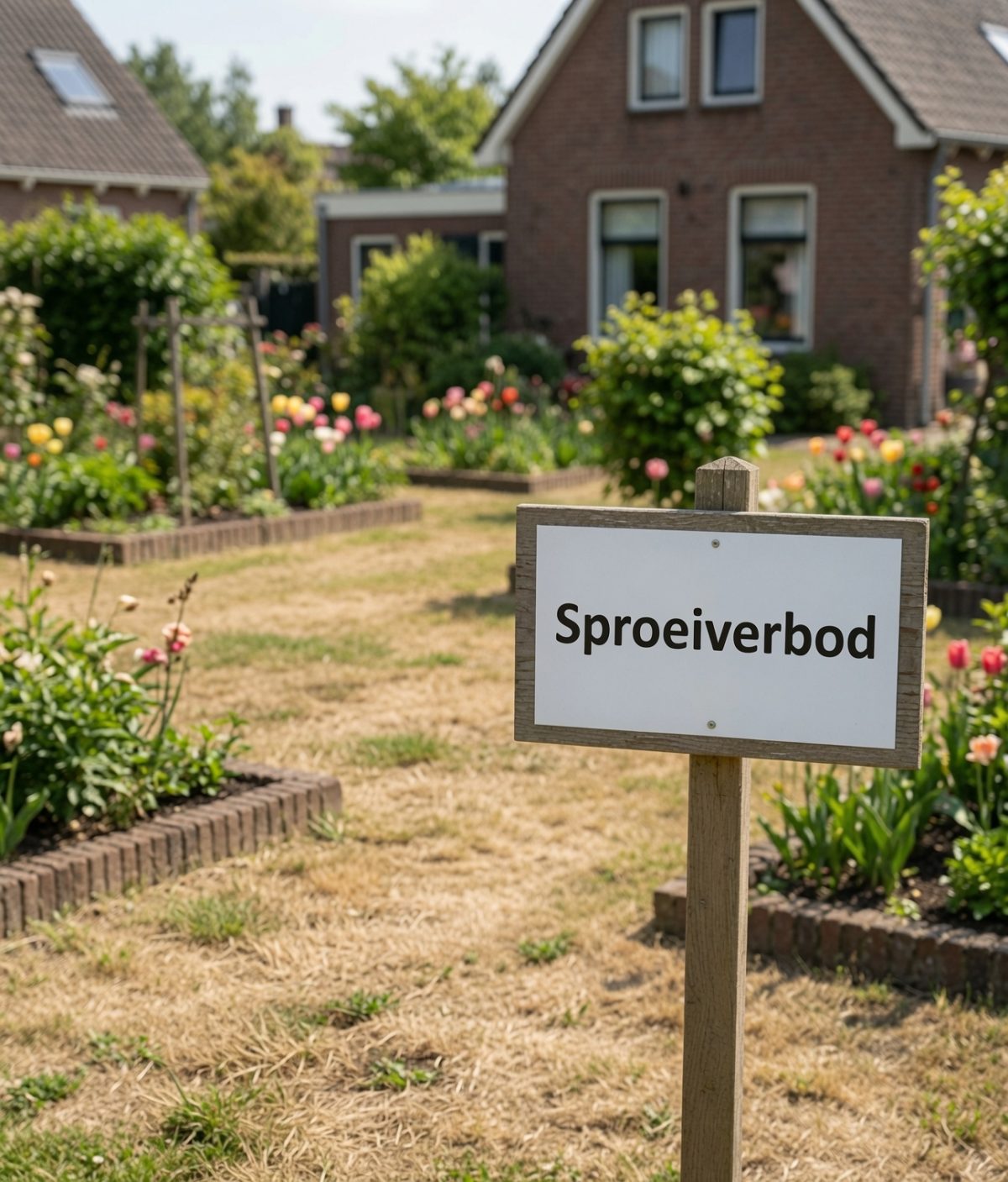 Bordje met sproeiverbod naast een verdroogd gazon in de tuin