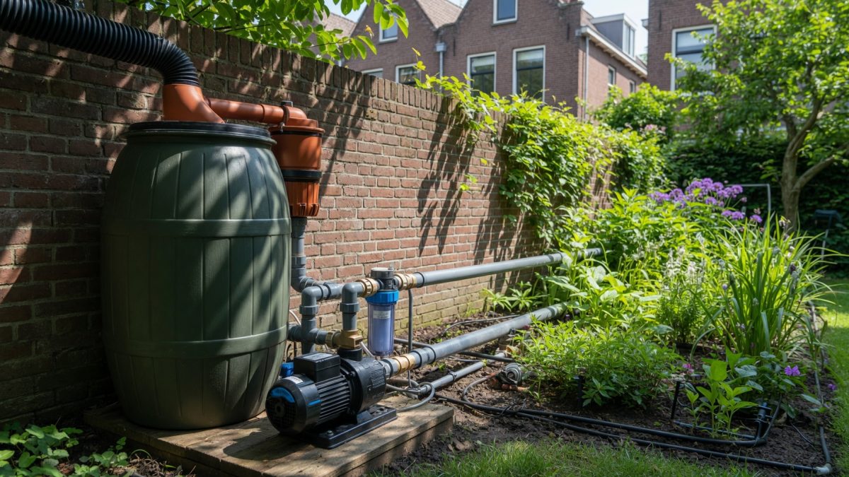 Regenwatertank aangesloten op een beregeningssysteem in de tuin