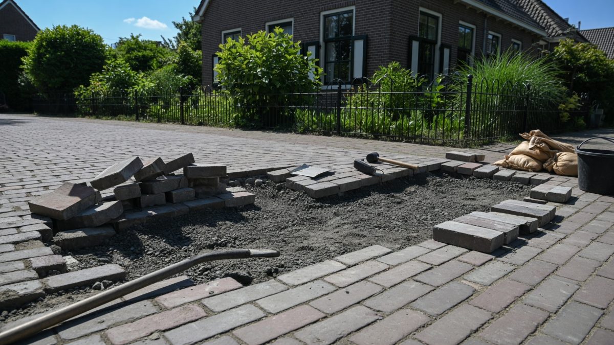 Verzakte bestrating wordt hersteld door SJ Buitenleven