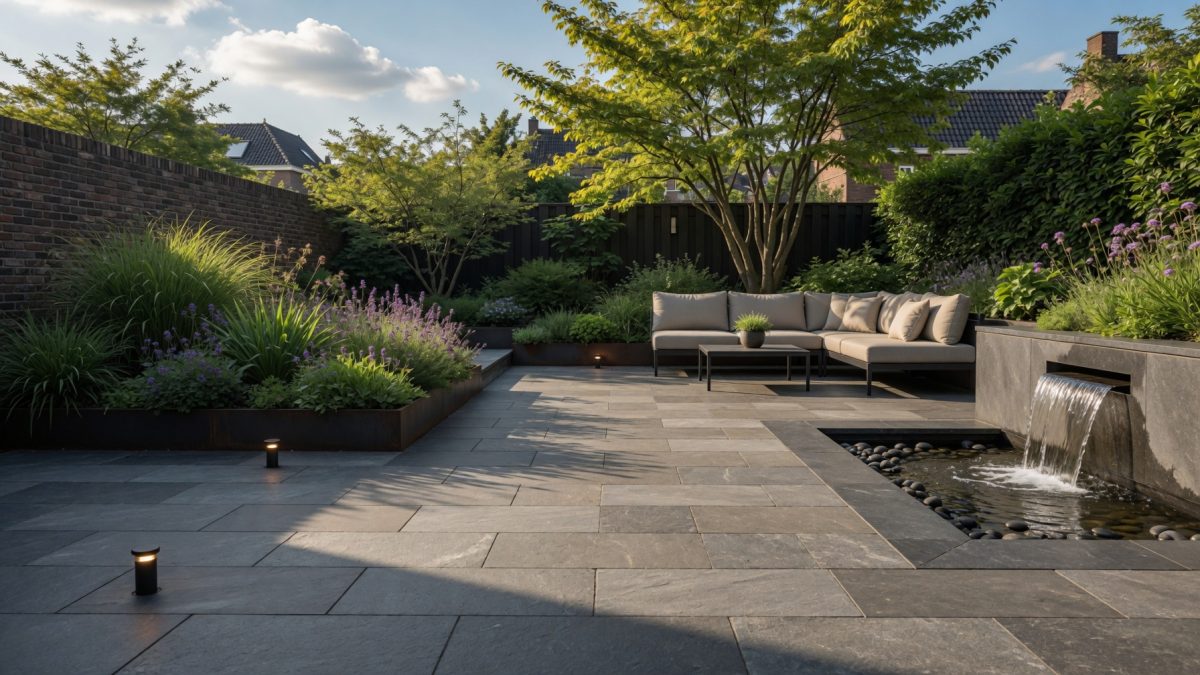 Bestrating gecombineerd met beplanting en andere tuinelementen