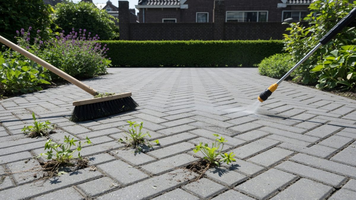 Bestrating wordt schoongemaakt en onkruidvrij gehouden