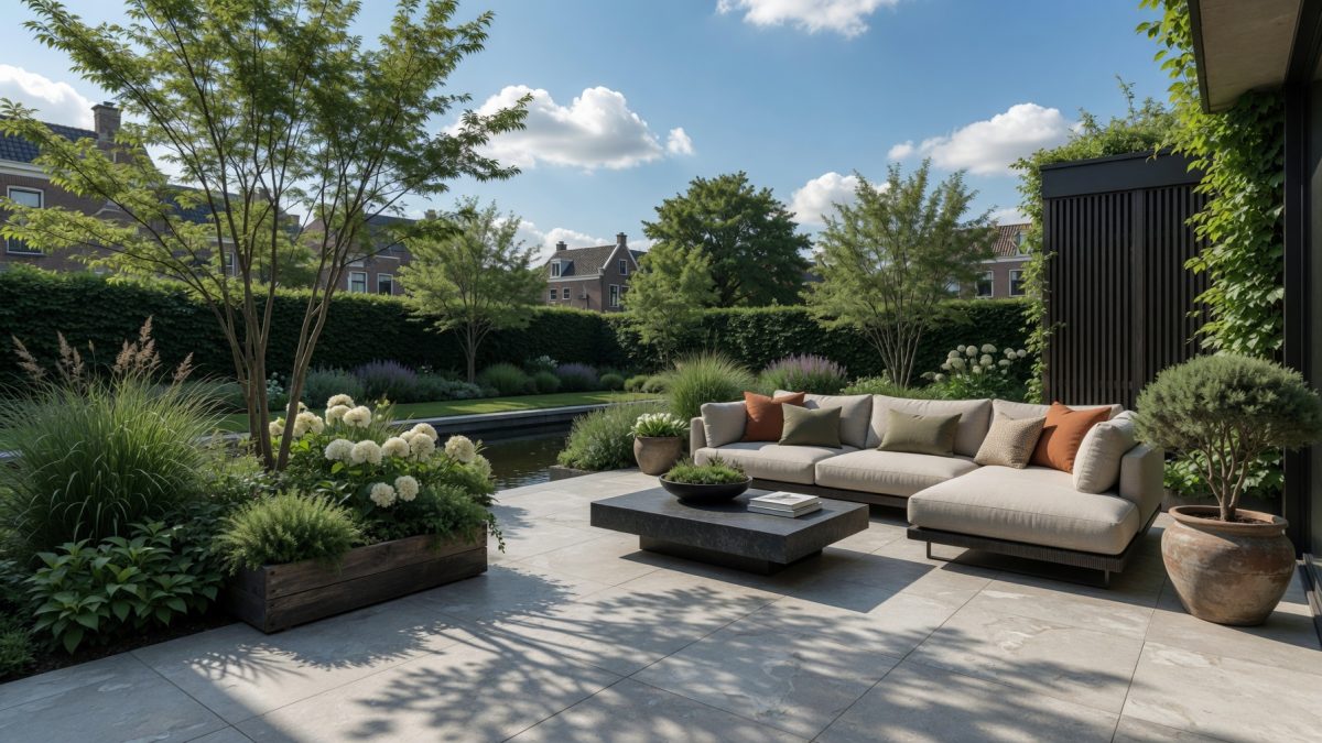 Verschillende materialen voor terrasbestrating naast elkaar