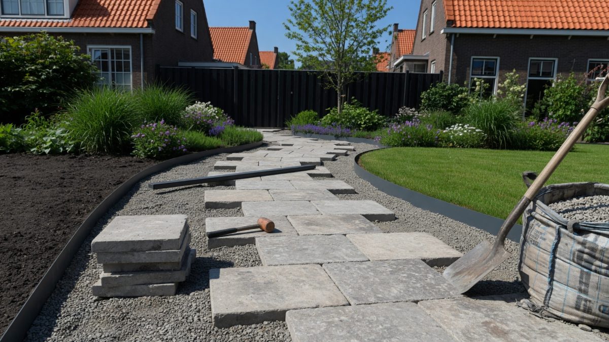 Tuinpad tussen beplanting door in een tuin