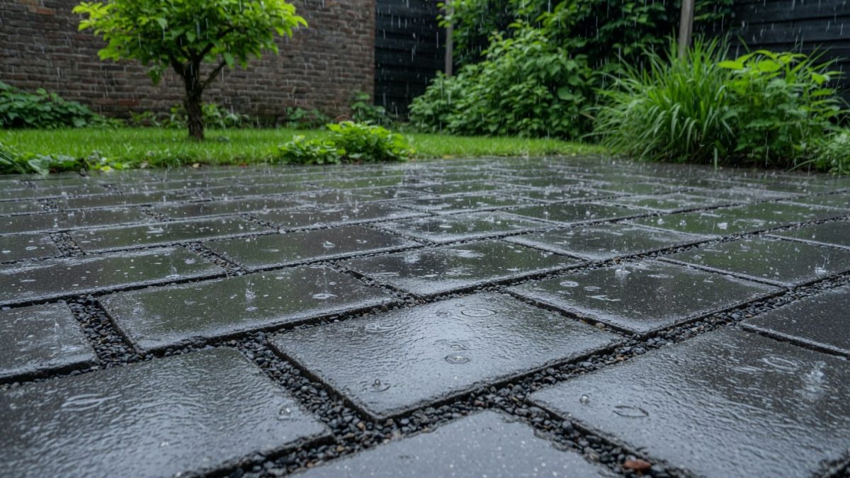Waterdoorlatende bestrating met drainagevoegen in een tuin