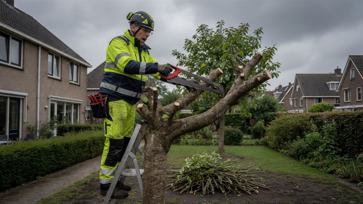 Hovenier van SJ Buitenleven snoeit een boom met een handzaag vanaf een ladder