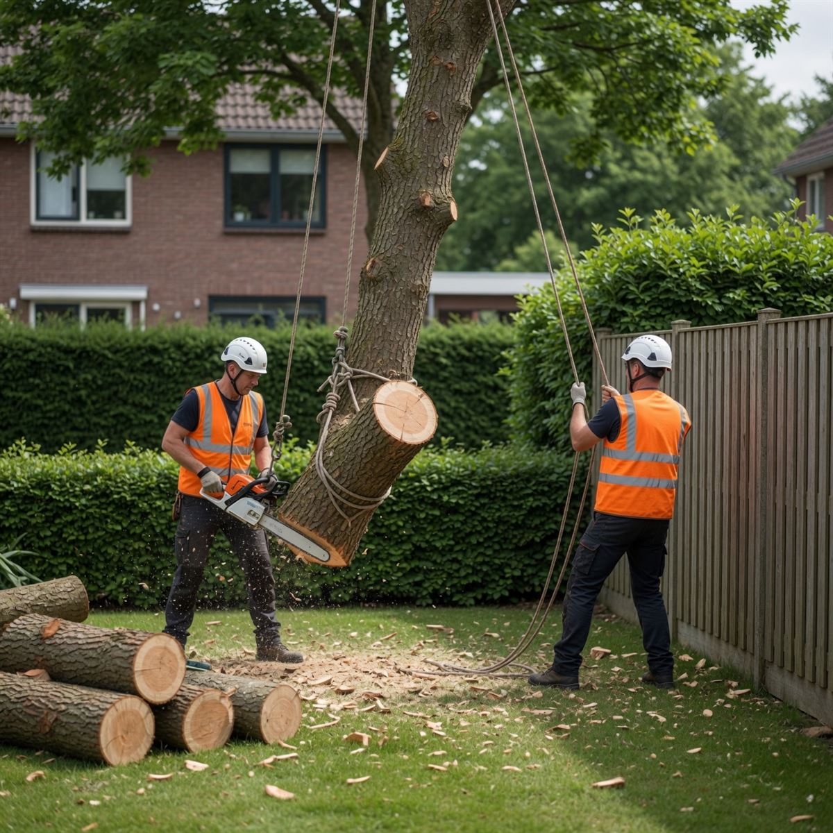 Boom vellen met kettingzaag en hijstouw door SJ Buitenleven