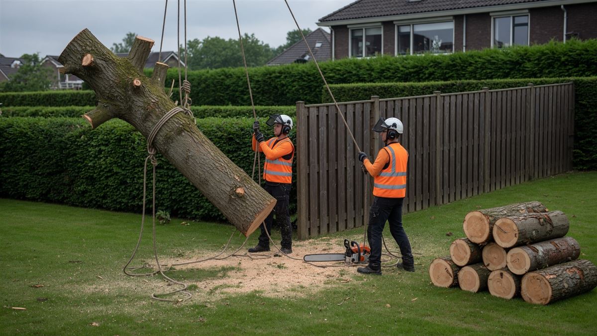 Twee hoveniers verwijderen gecontroleerd met touwen een boomstam uit een tuin