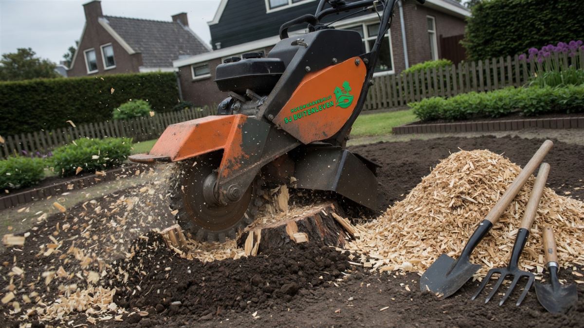 Boomstronk frezen tot houtsnippers, klaar voor nieuwe beplanting