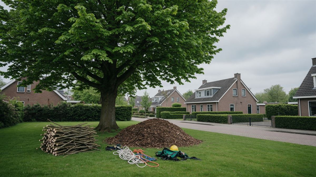 Afgerond boomverzorgingswerk: gesnoeid hout, houtsnippers en materiaal in een tuin
