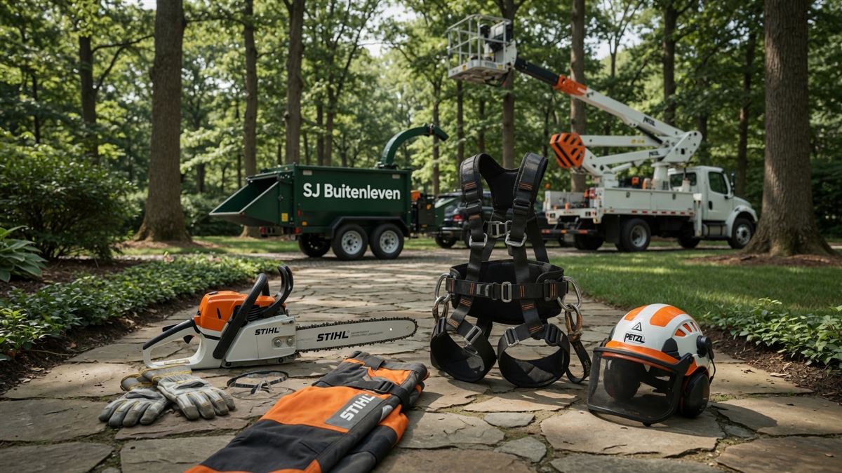 Professioneel gereedschap voor boomverzorging: kettingzaag, klimgordel, helm en hoogwerker van SJ Buitenleven