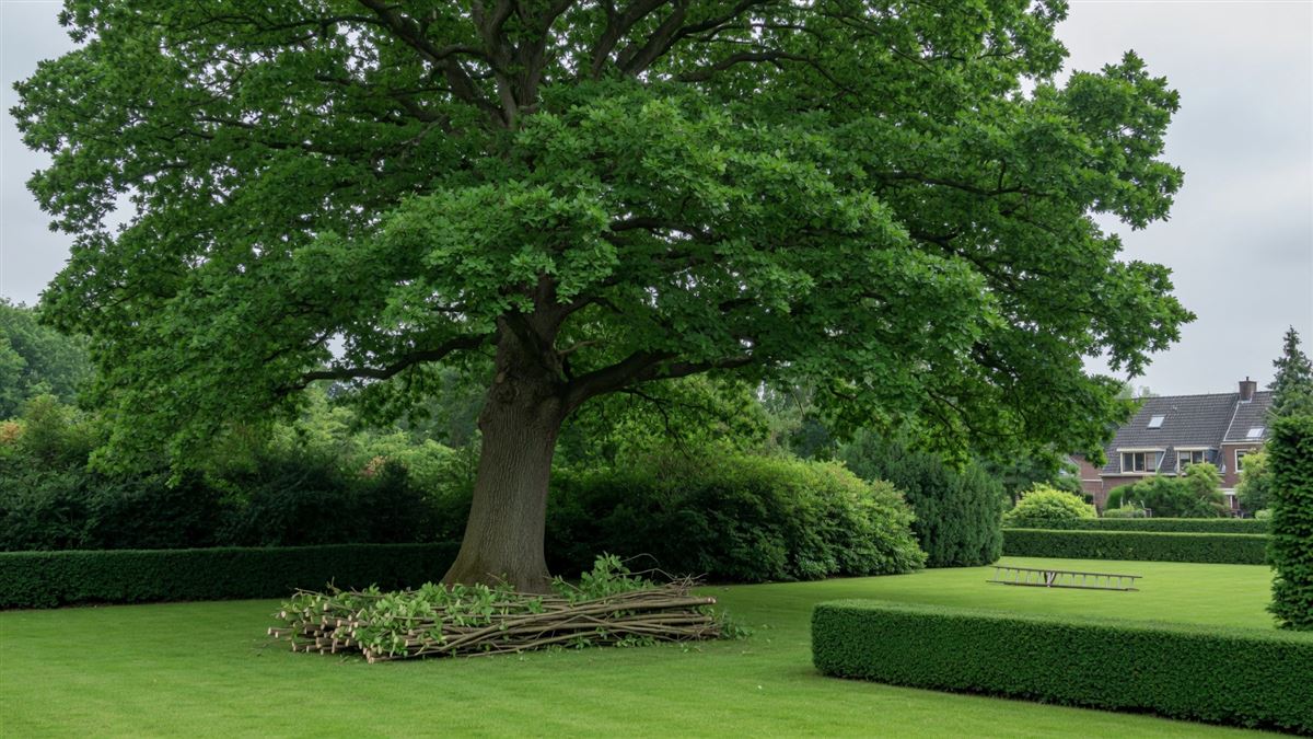 Een gezonde, volwassen boom in een verzorgde tuin