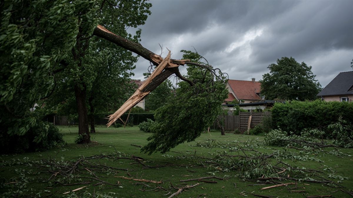 Afgebroken tak van een boom na stormschade in een tuin