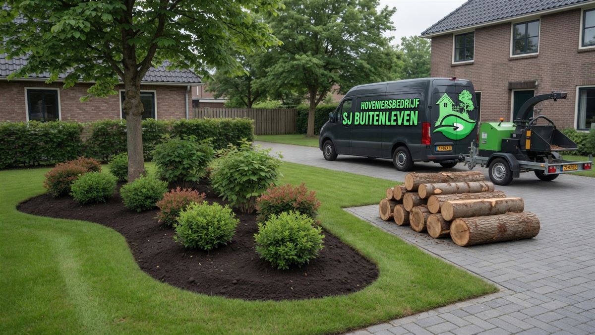 Opgeruimde tuin met gestapelde boomstammen en een verzorgd plantvak na boomverzorging