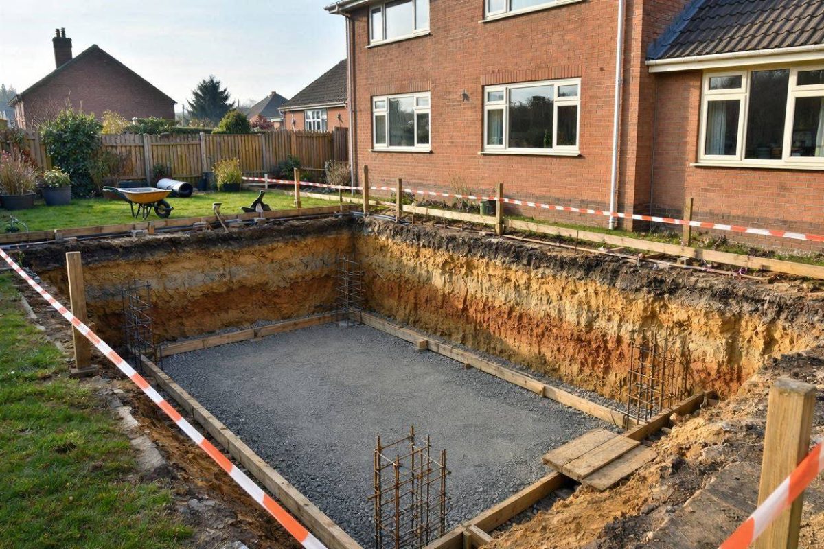 Grond wordt afgegraven voor de fundering van een bijgebouw