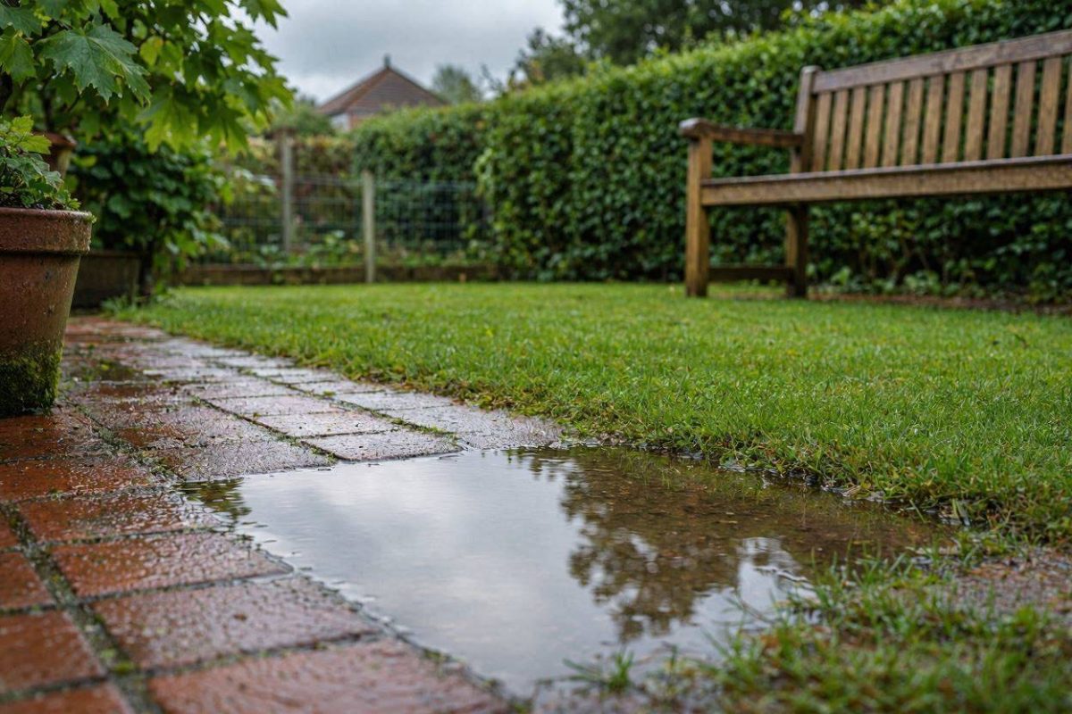 Plas water blijft staan in de tuin na regen