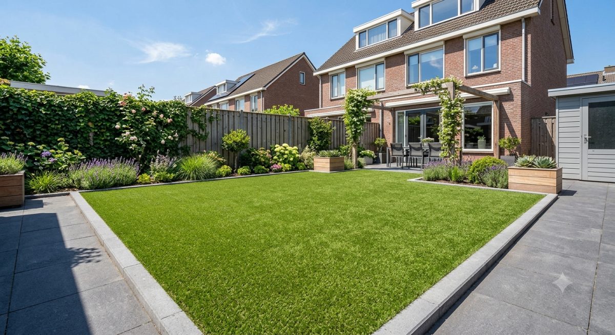 Afgerond kunstgrasveld in een tuin