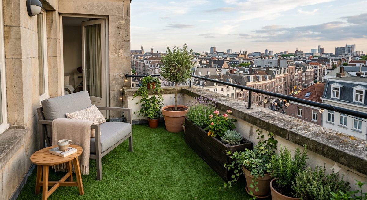 Kunstgras op een balkon met plantenbakken