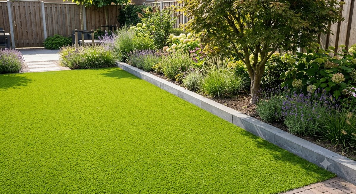 Kunstgras gecombineerd met een border van echte planten