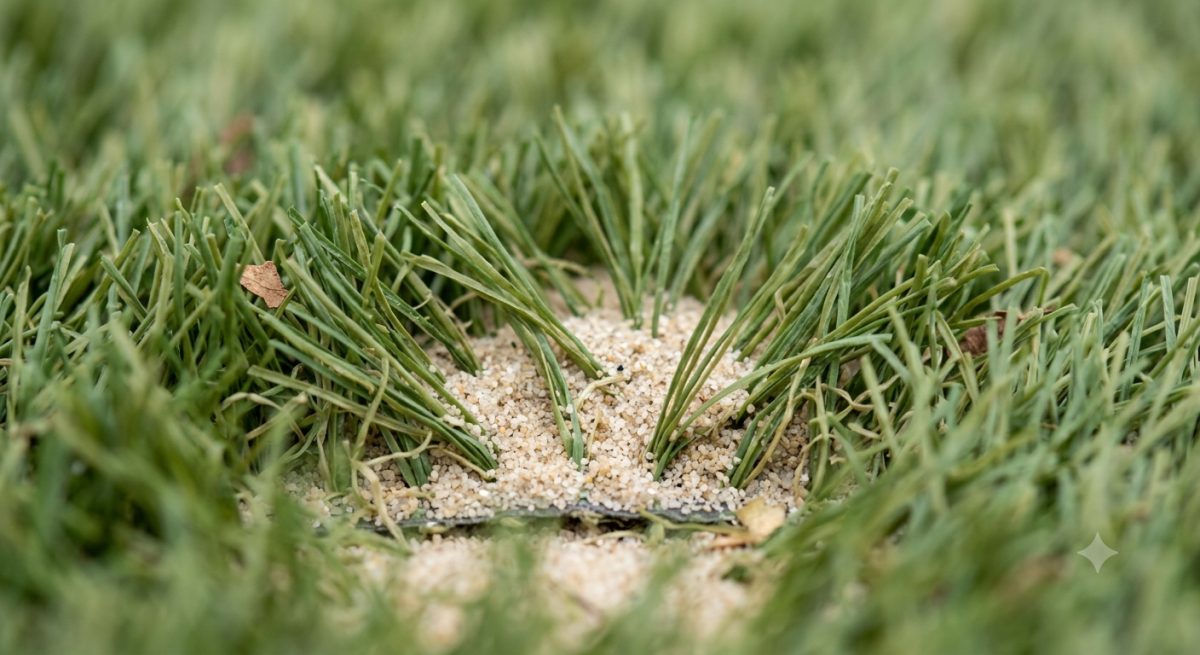Kunstgras met een zandinvulling in een tuin