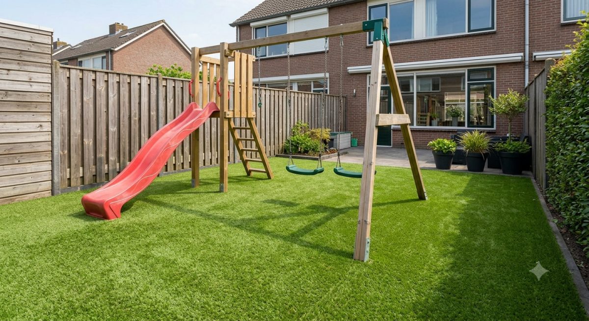Kunstgras als valdempende ondergrond bij een speeltoestel