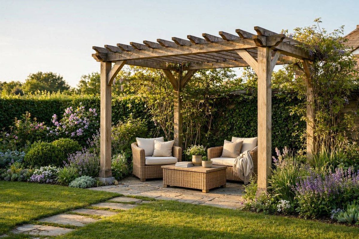 Pergola boven een terras die de tuin een extra dimensie geeft