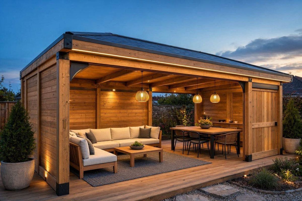 Afgeronde pergola met dakbedekking boven een terras