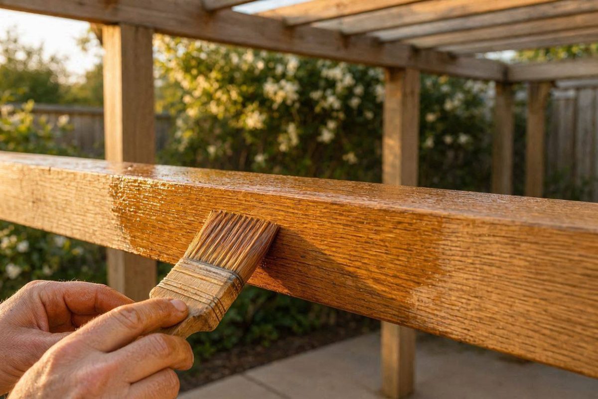 Houten pergola wordt behandeld met beits