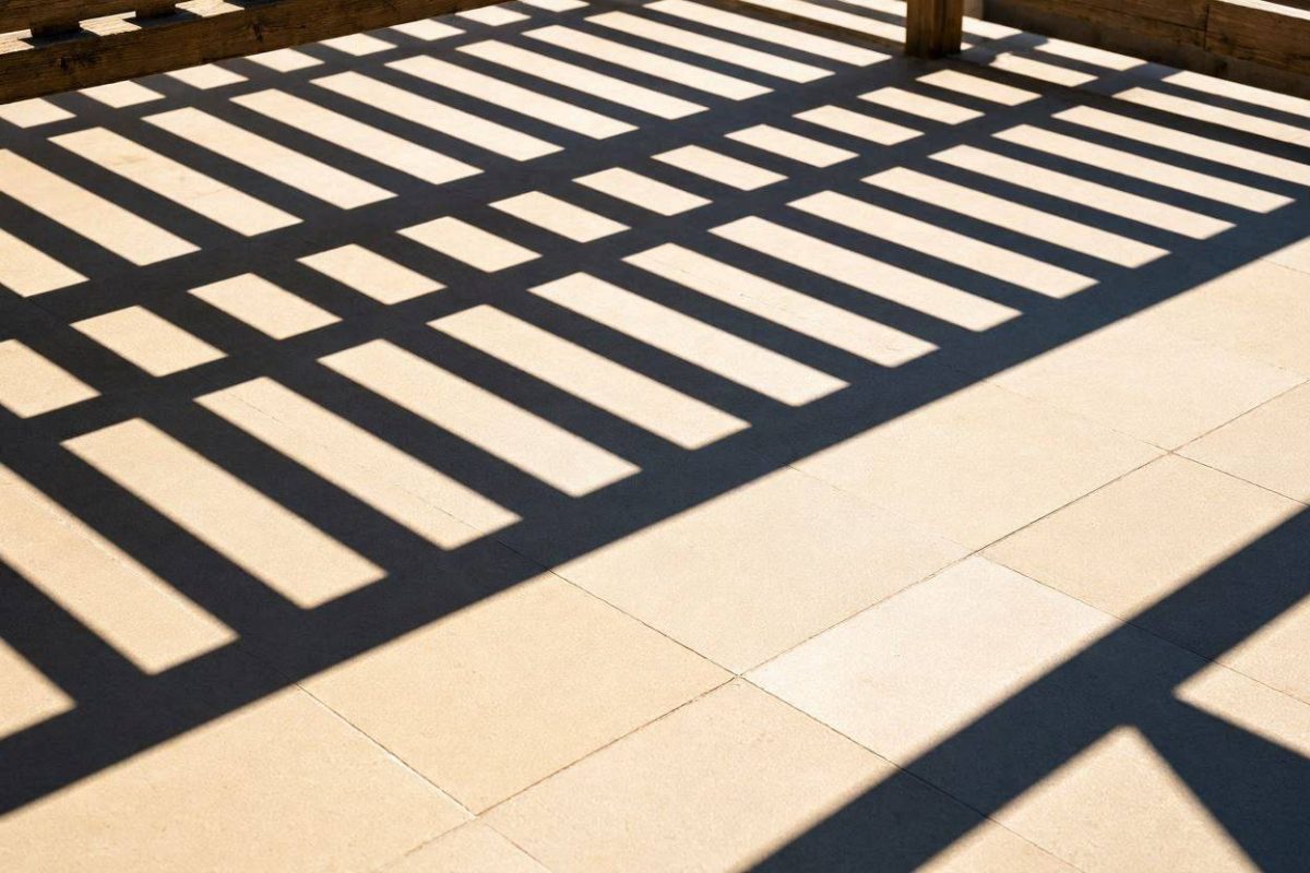 Lichtinval door een open pergola op een terras