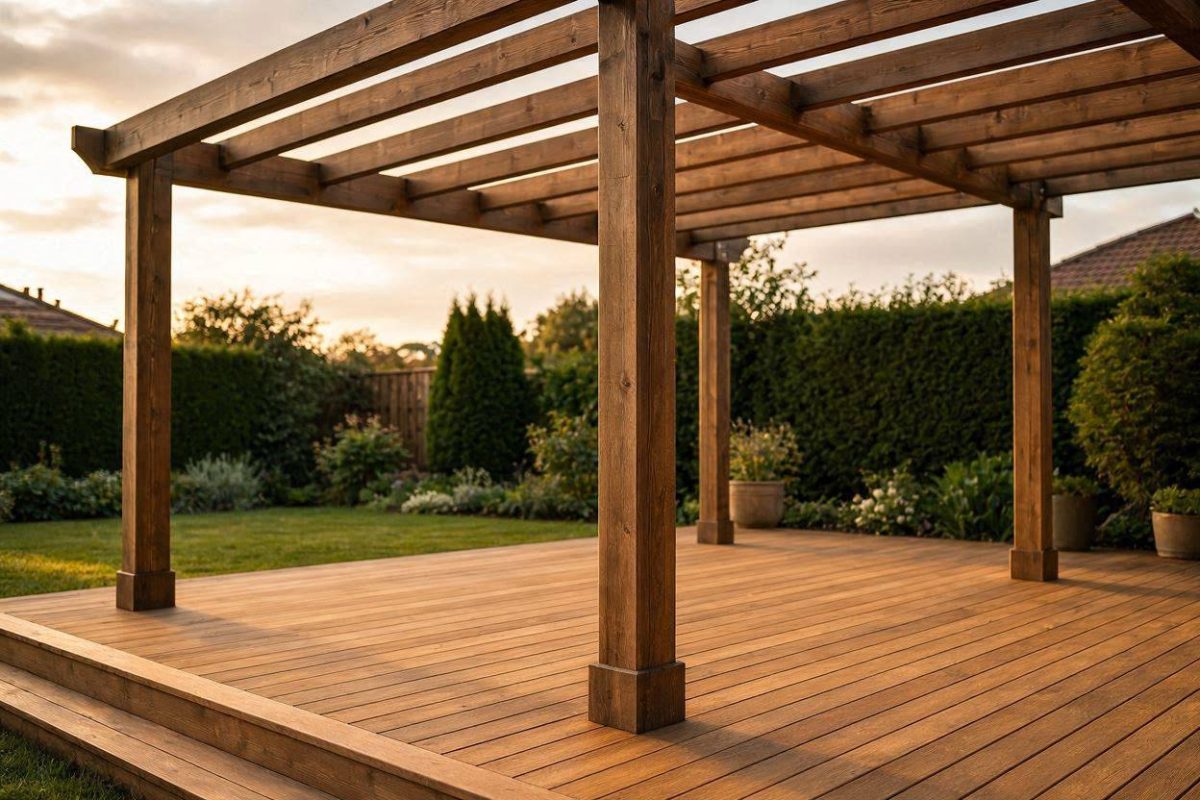 Pergola die volgens de regels in het achtererfgebied is geplaatst