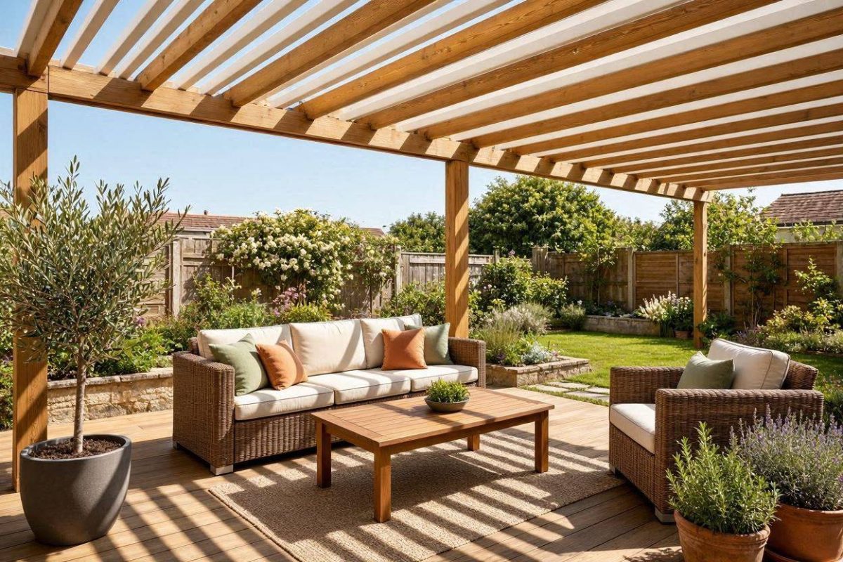 Pergola boven een houten vlonder in de tuin