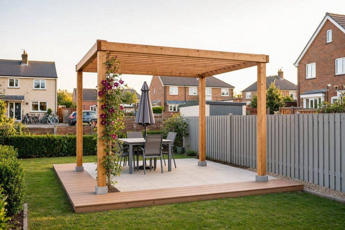 Vrijstaande pergola verderop in de tuin