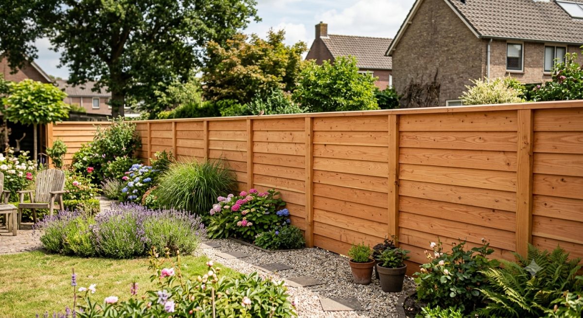 Houten schutting van douglashout in een tuin