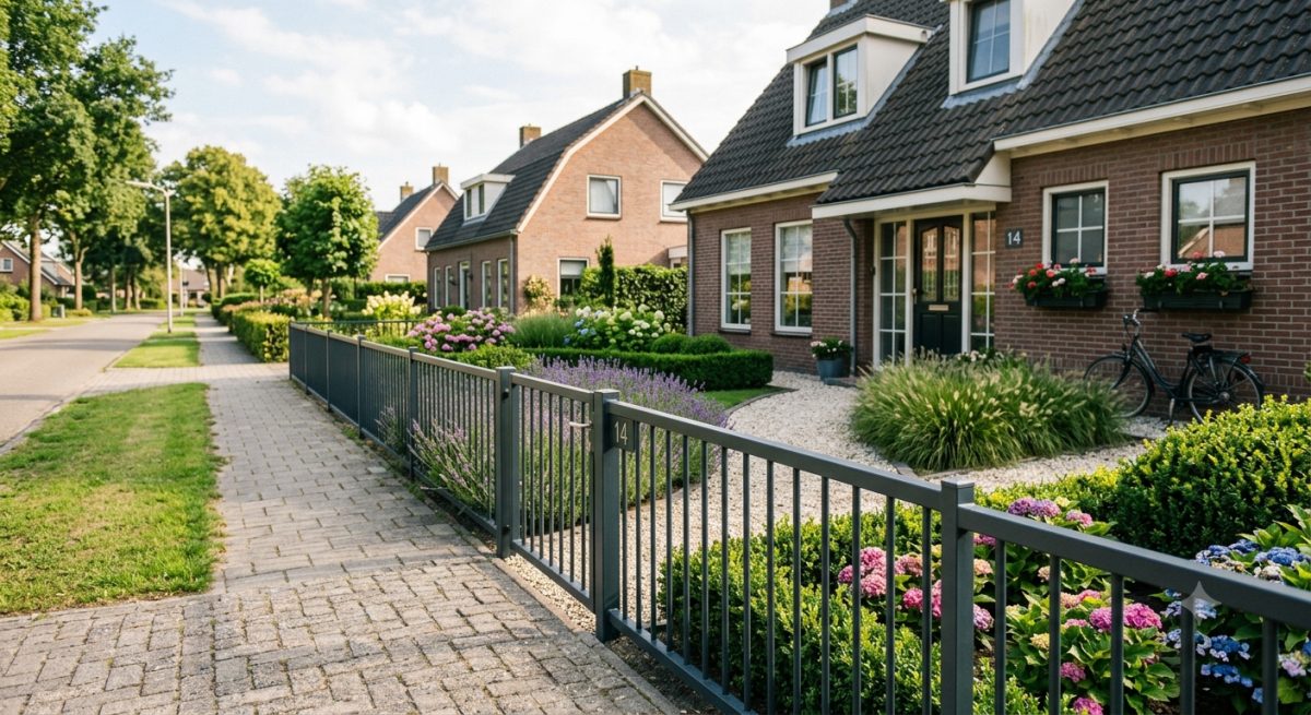 Metalen hekwerk met verticale spijlen in een moderne tuin