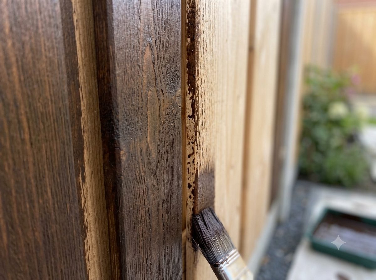 Houten schutting wordt behandeld met beits