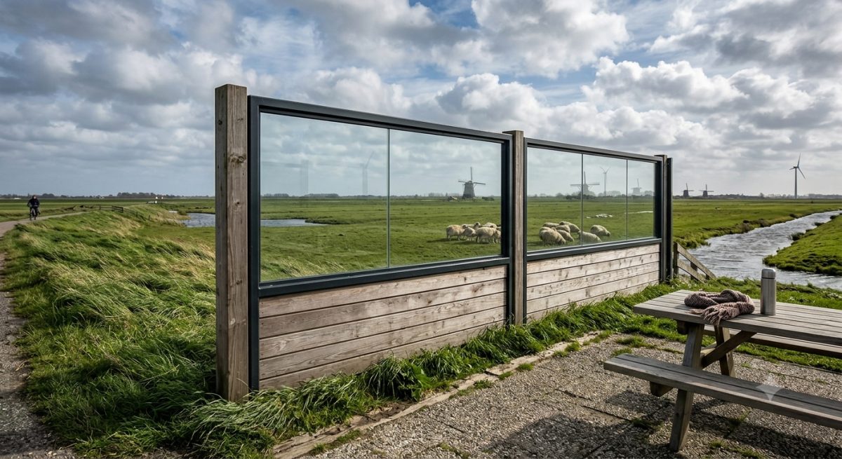 Schutting die windkering biedt in een open tuin