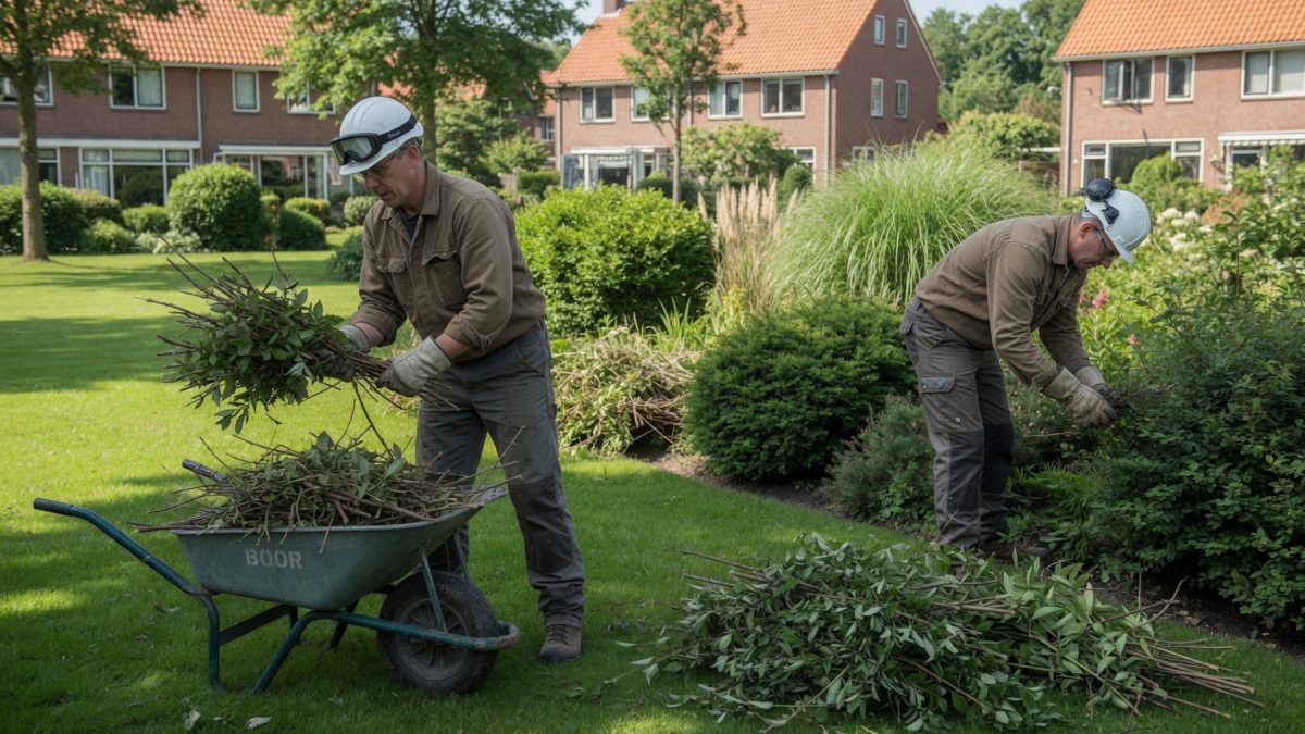 Hoveniers ruimen gesnoeide takken op in een border