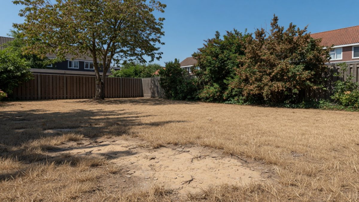 Verdroogd, bruin gazon in een tuin tijdens een warme, droge zomer