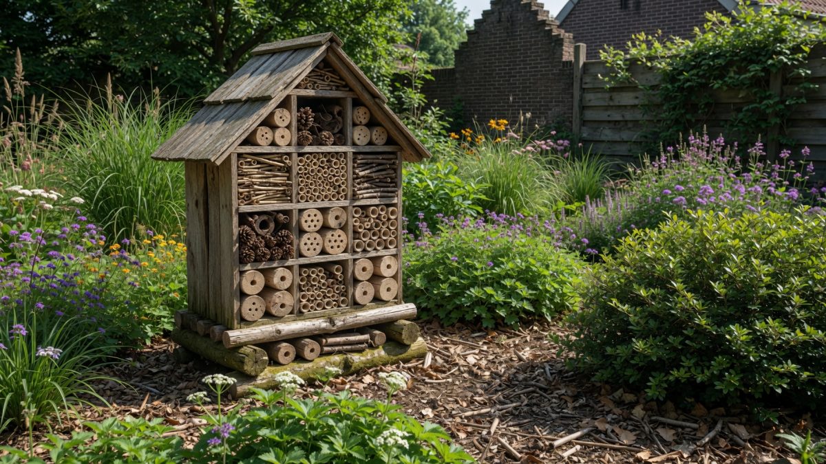 Insectenhotel tussen bloeiende vaste planten in een ecologisch onderhouden tuin
