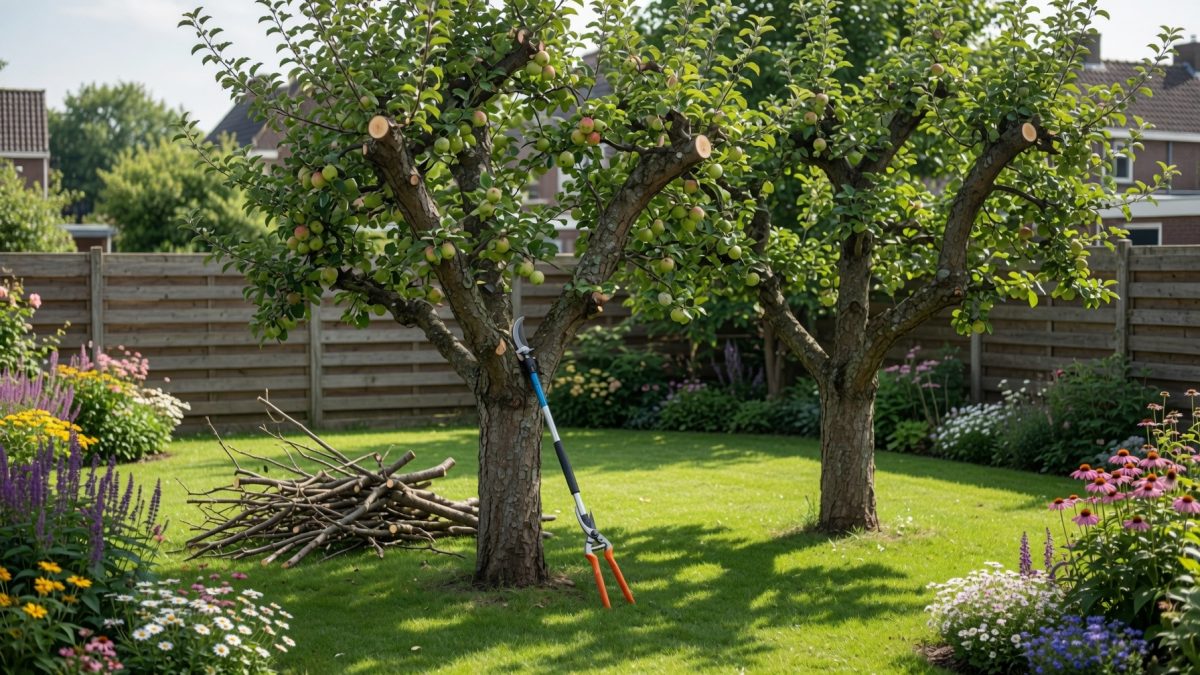 Snoeischaar tegen een appelboom met fruit, met een stapel gesnoeide takken ernaast