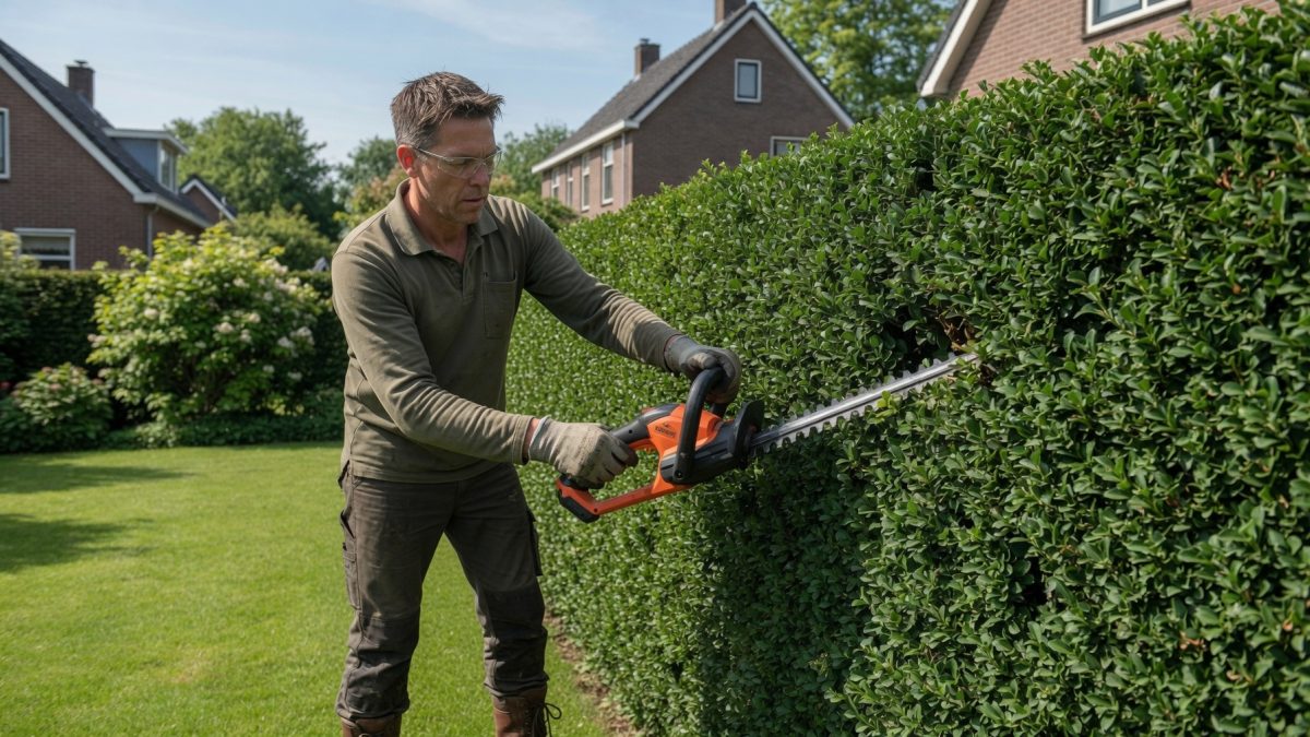 Hovenier knipt een haag met een accu-heggenschaar