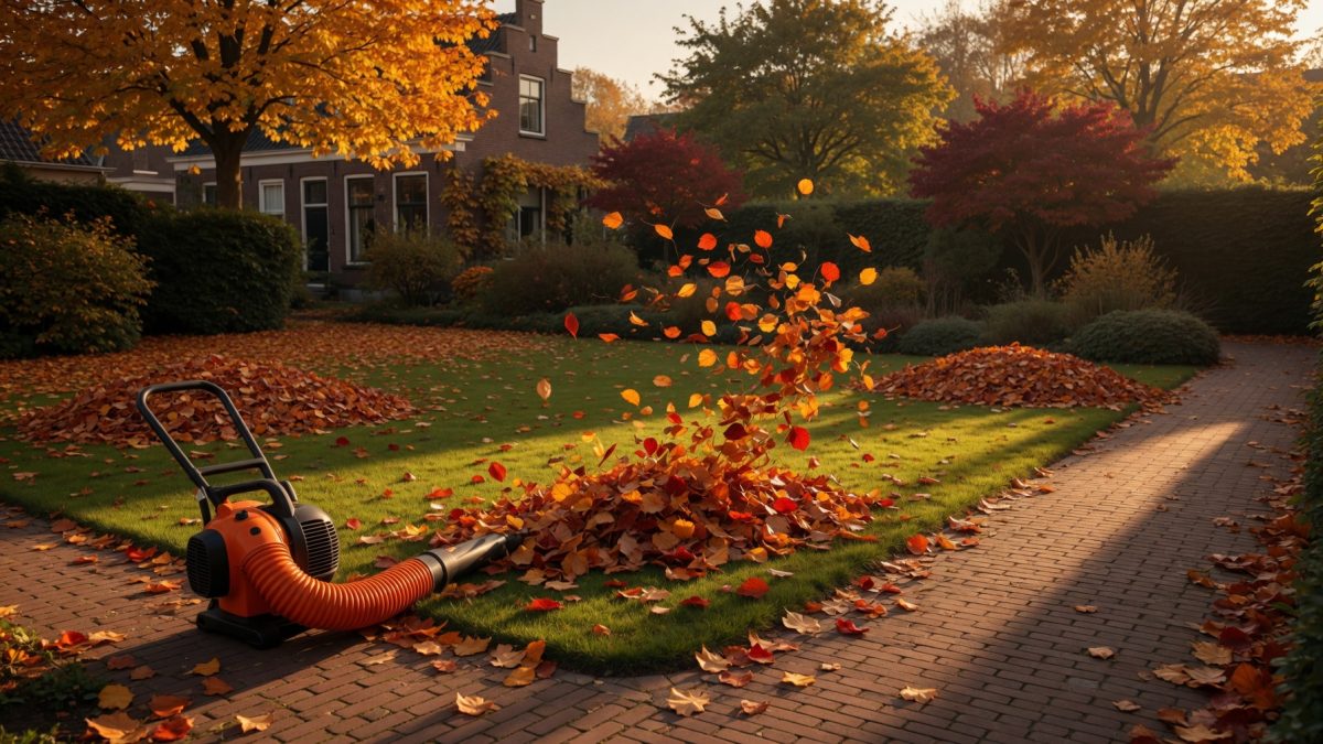 Bladblazer ruimt herfstbladeren op in een tuin