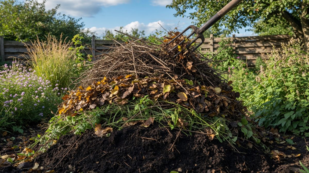 Kruiwagen met houtsnippers wordt als mulch verwerkt in een border